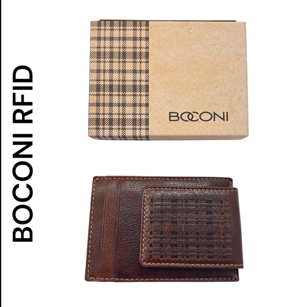 NWT BOCONI LUXURY LEATHER RFID MONEY CLIP CARD HOLDER COGNAC
